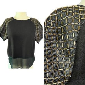 English Rose | NWOT Black & Gold Beaded Short Sleeve Top S